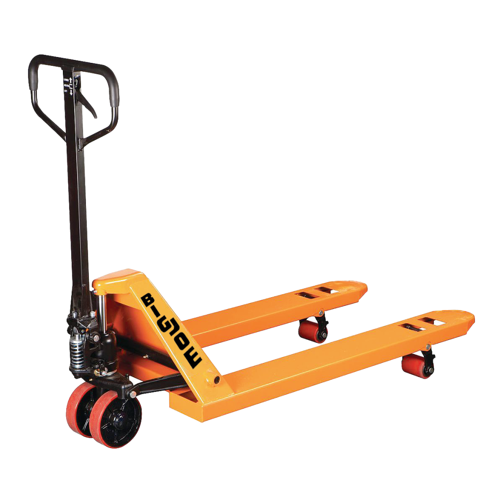 yellow manual pallet jack on a white background