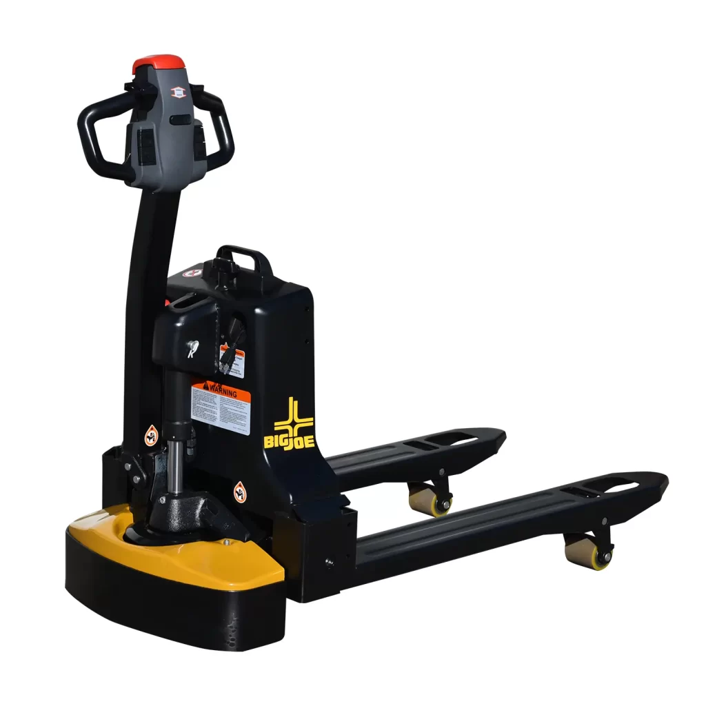 Rear view of a lpt33 lithium ion pallet truck on a white background