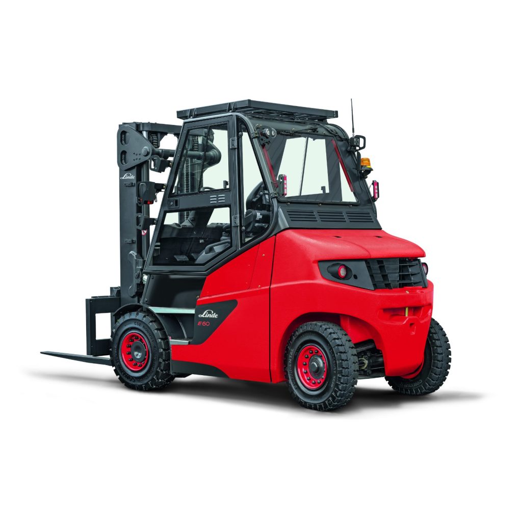 Rear View of a Linde 1279 E60 Heavy Duty Electric Forklift on a White Background