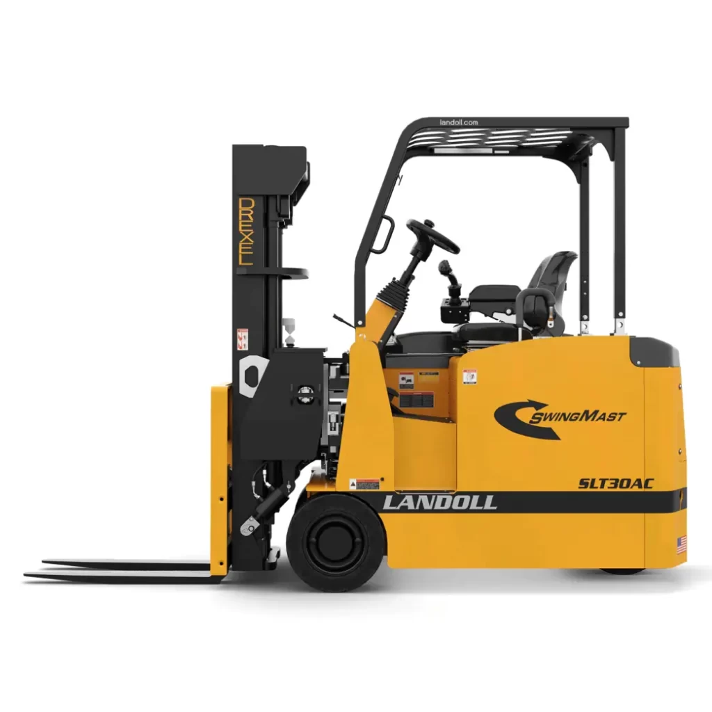 A Landoll Drexel swing mast forklift on a white background