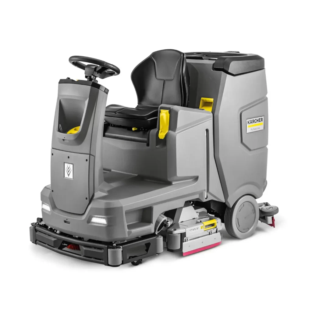 Frontal View of a Karcher B110 R Ride on Industrial Scrubber on a White Background