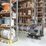 Thumbnail of http://A%20Worker%20Operating%20a%20Karcher%20B300%20Sweeper%20Scrubber%20Inside%20a%20Warehouse%20Next%20to%20a%20Row%20of%20Pallet%20Racks