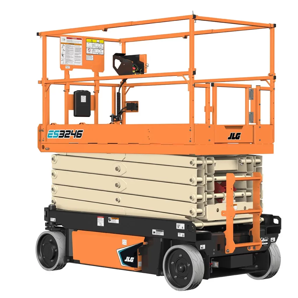 Frontal View of a JLG 3246 Scissor Lift on a White Background