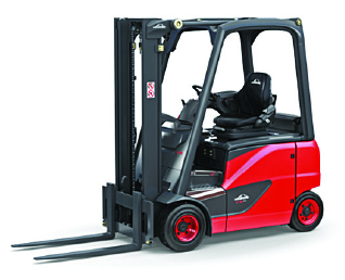 A frontal View of a Red Linde Electric Forklift on a White Background