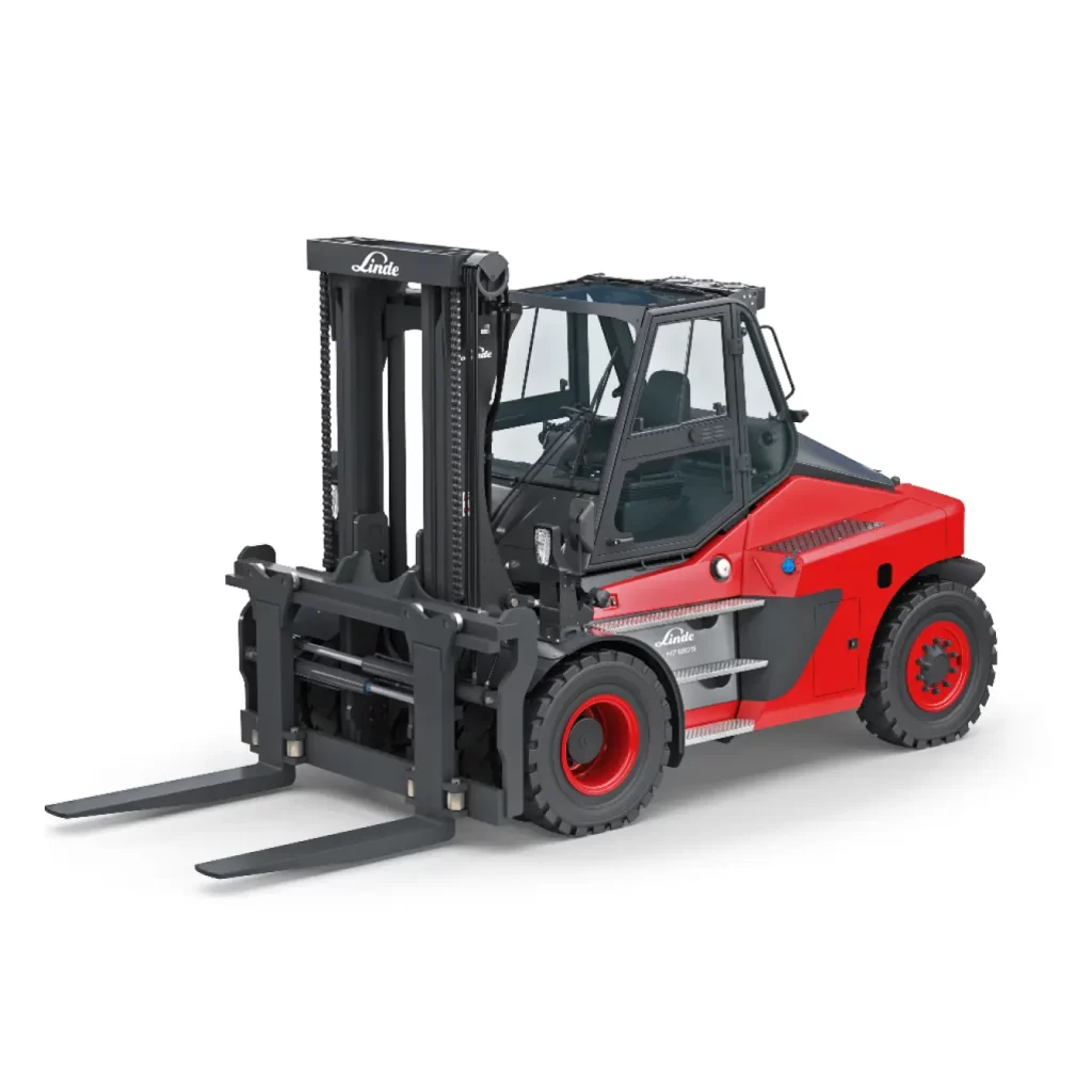 Frontal view of a red Linde 1411 series high capacity forklift on a white background