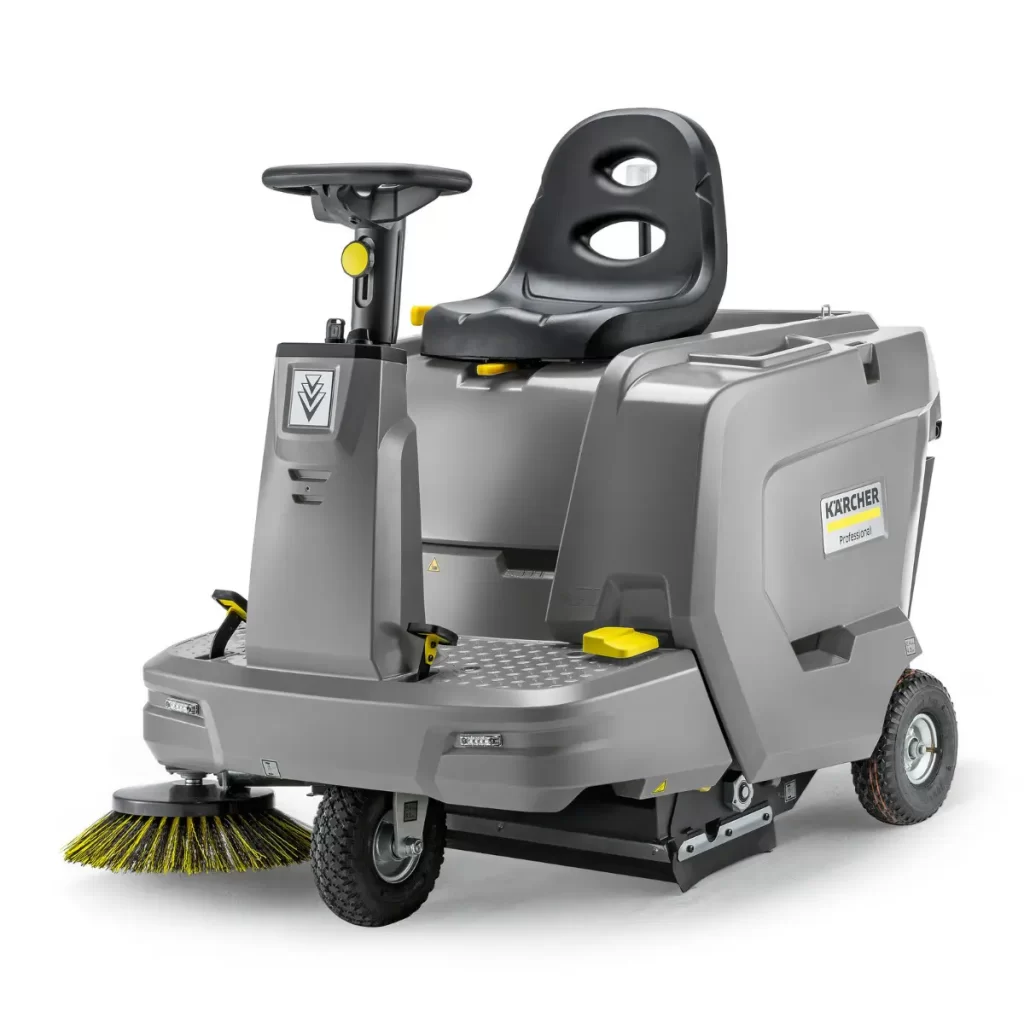 Frontal view of a Karcher KM 85 industrial sweeper on a white background