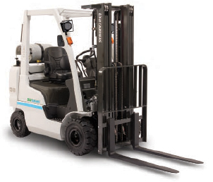 A Frontal View of a Unicarriers Pneumatic Tire Forklift on a White Background