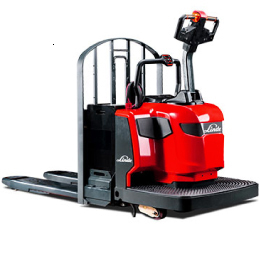 A Rear View of a Linde Electric Rider Pallet Jack on a White Background