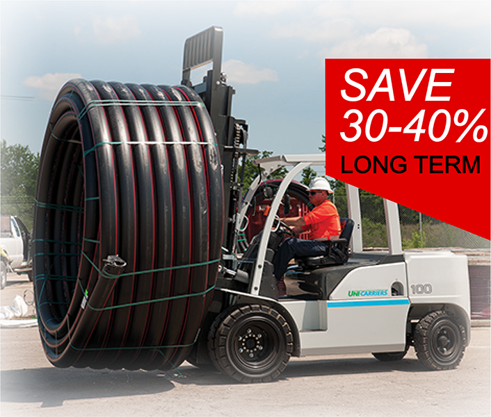 A Unicarriers High Capacity Forklift Moving a Large Piece of Tubing Outside in a Yard