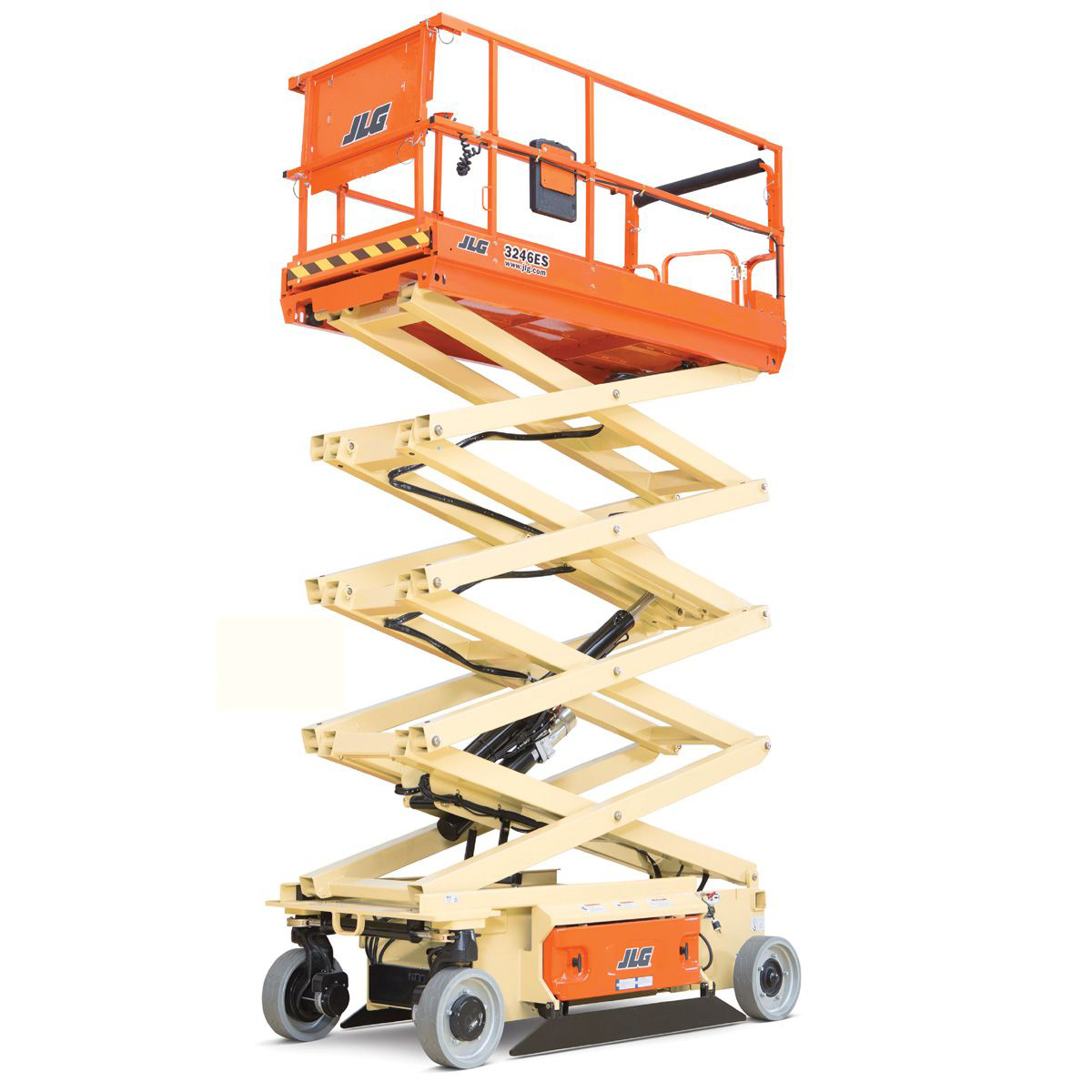 A JLG Scissor Lift Elevated in the Air on a White Background