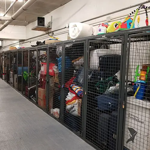 A row of cages filled with equipment