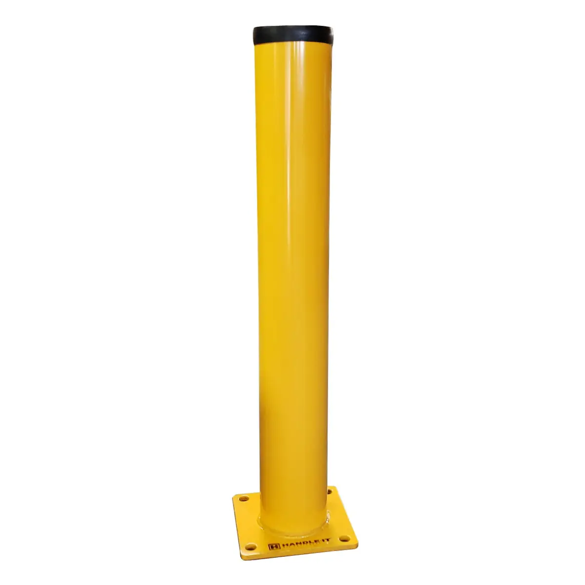 A closeup of a Yellow Surface Mount Steel Bollard on a White Background