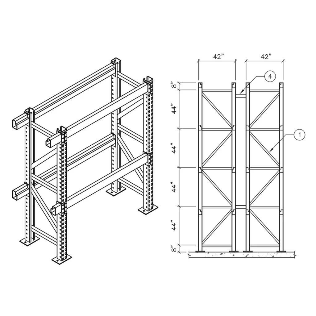 A technical drawing of a pallet rack from an engineering layout on a white background