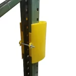 Thumbnail of http://The%20Backside%20of%20a%20Yellow%20Plastic%20Upright%20Protector%20Installed%20on%20Pallet%20Rack%20on%20a%20White%20Background