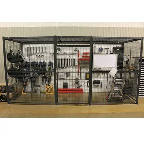 A warehouse cage filled with tools