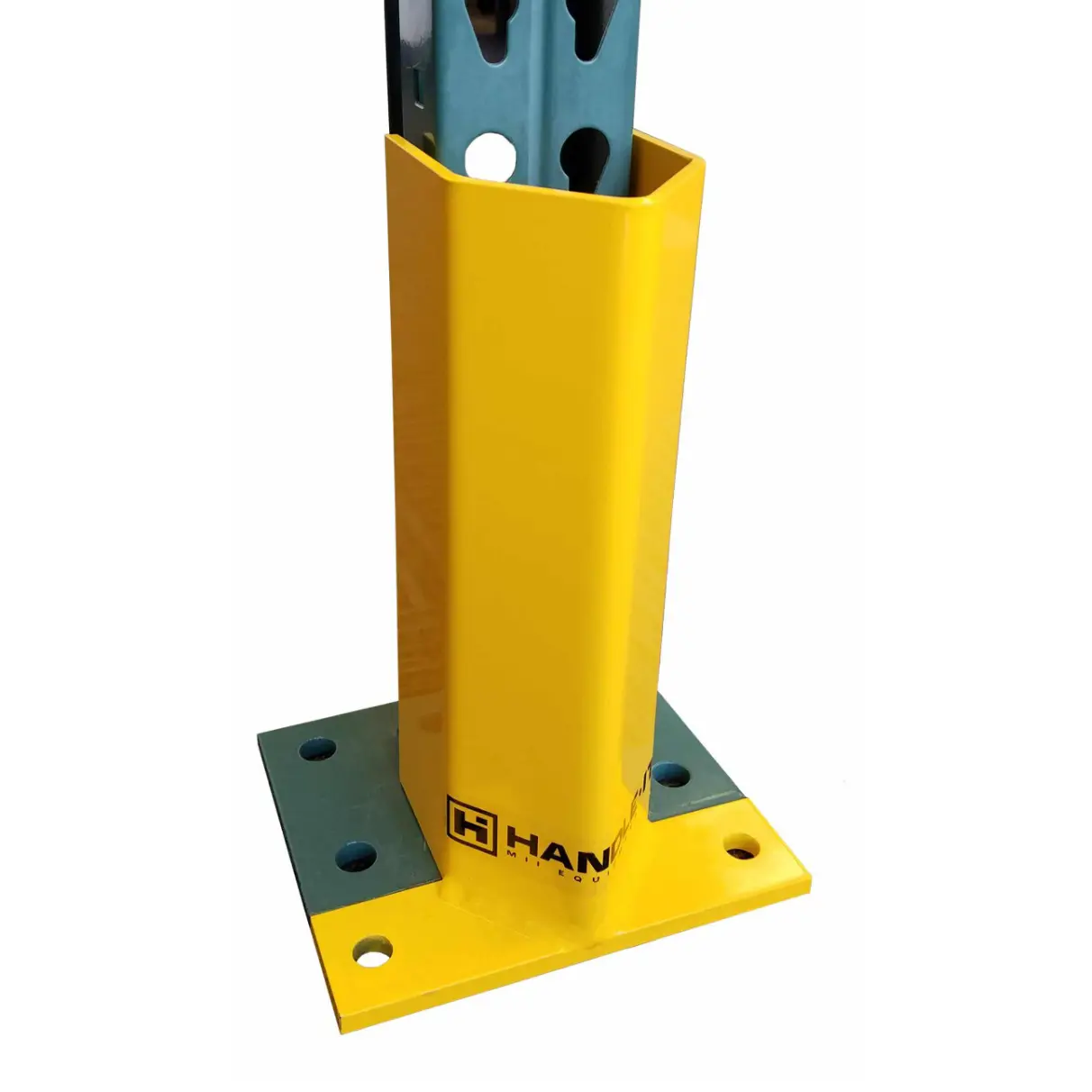 A closeup View of a Yellow Universal Fit Pallet Racking Upright Protector on a White Background