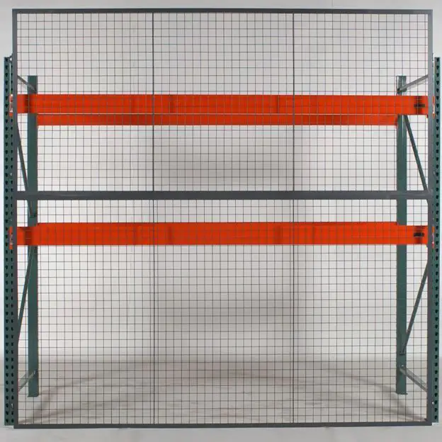 Rackback pallet rack safety panels installed on an empty pallet rack