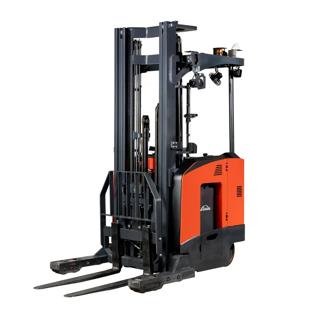 Frontal view of a Linde reach truck on a white background