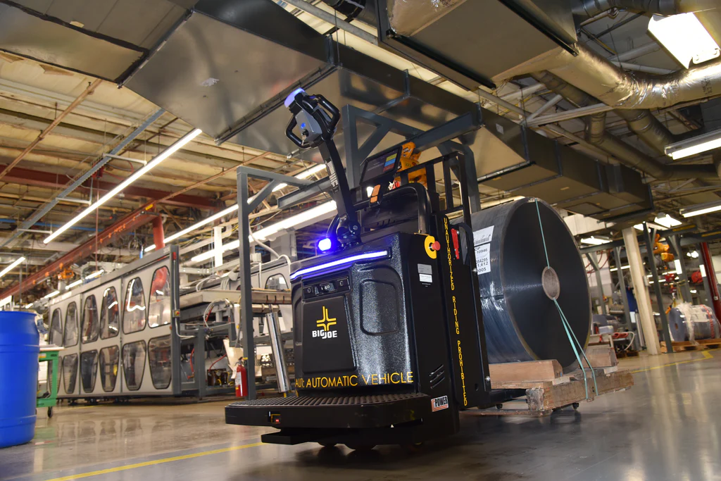 A Big Joe AGV vehicle inside of a warehouse