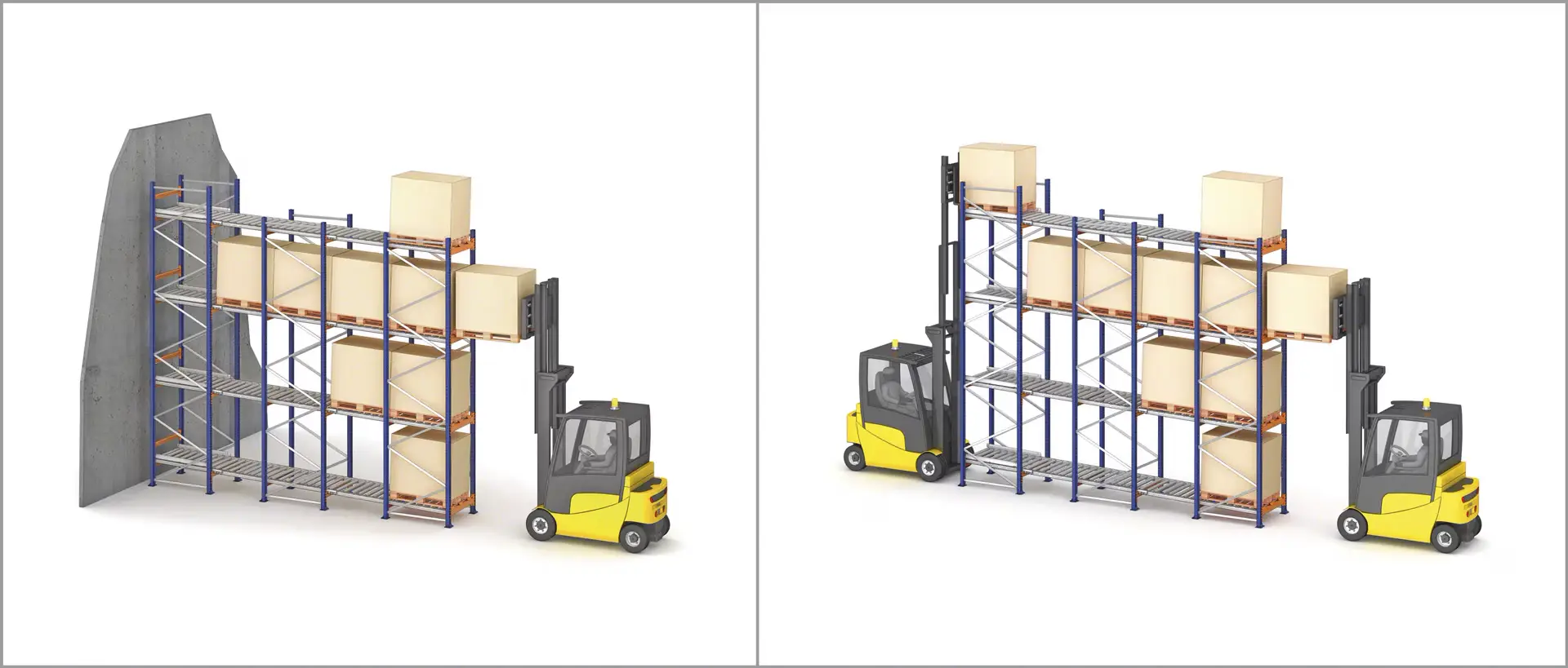 illustration of 2 methods of loading a gravity flow pallet rack system